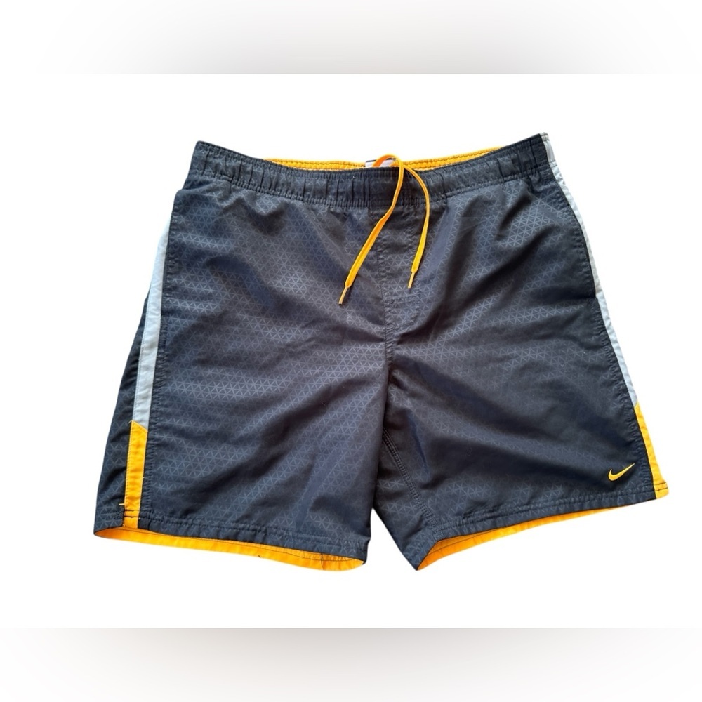 Vintage Nike Swim Trunks Mens Small Black Orange Lined Shorts Swoosh Y2K